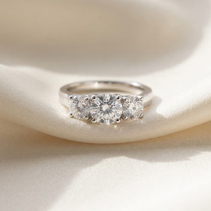 Eleanor round brilliant diamond three stone engagement ring, close-up