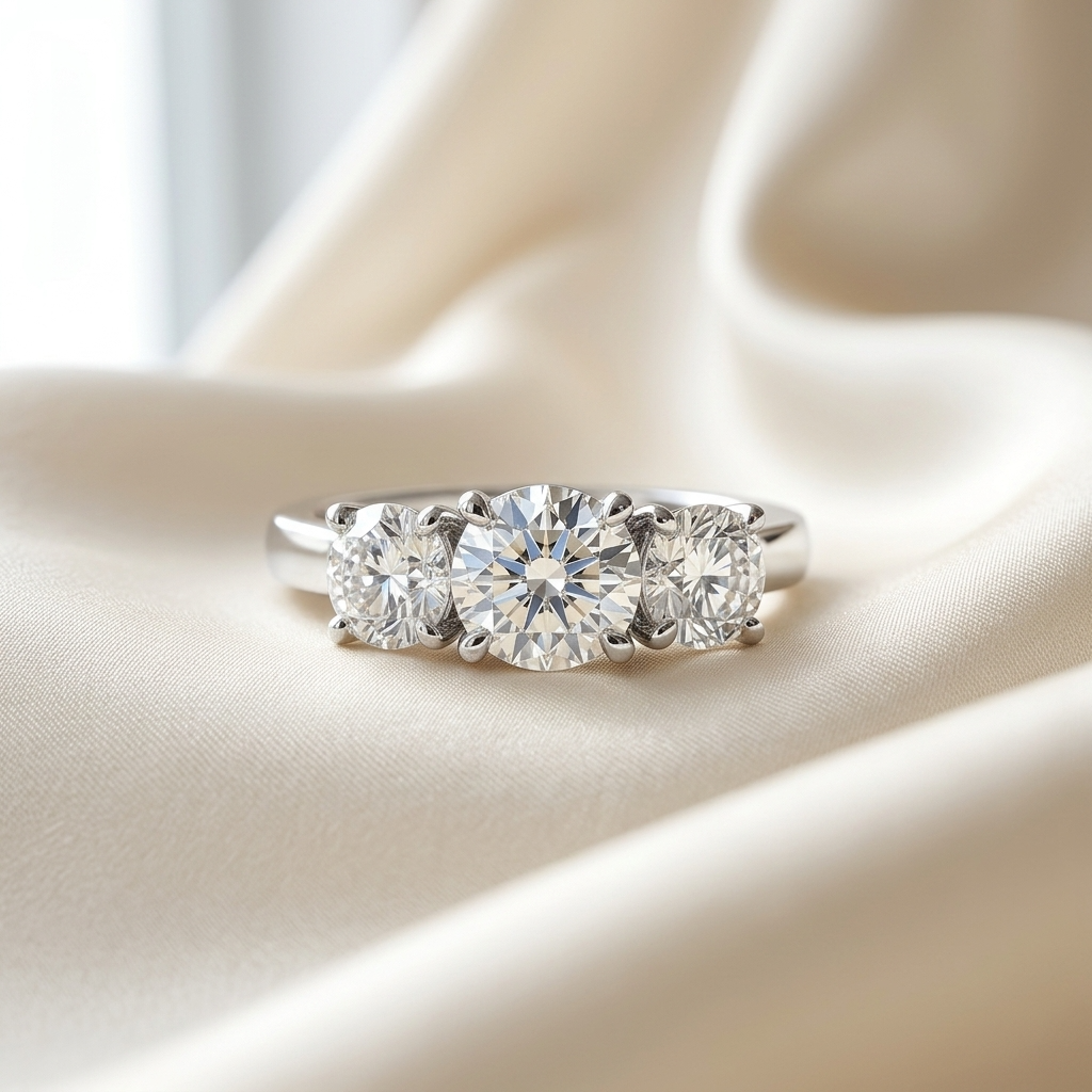 Eleanor round brilliant diamond three stone engagement ring, front view
