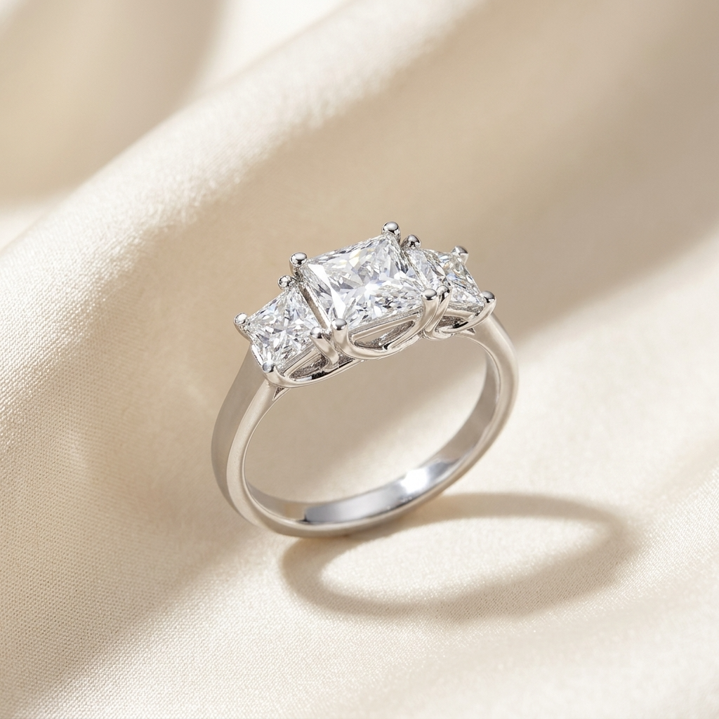 Josephine princess cut diamond three stone engagement ring, angled view
