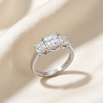 Josephine princess cut diamond three stone engagement ring, angled view