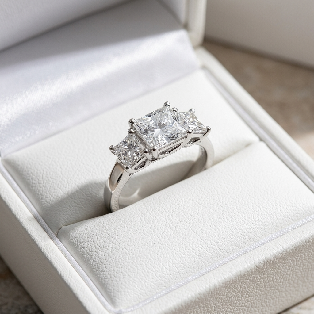 Josephine princess cut diamond three stone engagement ring on white gold band