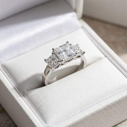 Josephine princess cut diamond three stone engagement ring on white gold band