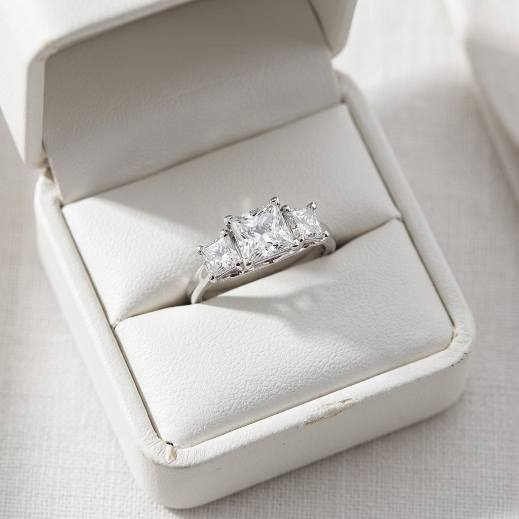 Josephine princess cut diamond three stone engagement ring, close-up