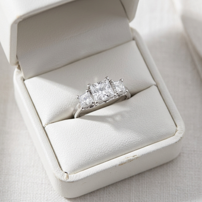 Josephine princess cut diamond three stone engagement ring, close-up