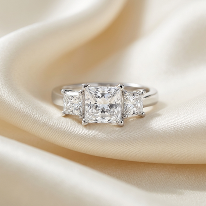 Josephine princess cut diamond three stone engagement ring in white gold