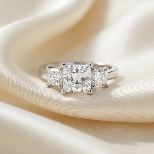 Josephine princess cut diamond three stone engagement ring in white gold