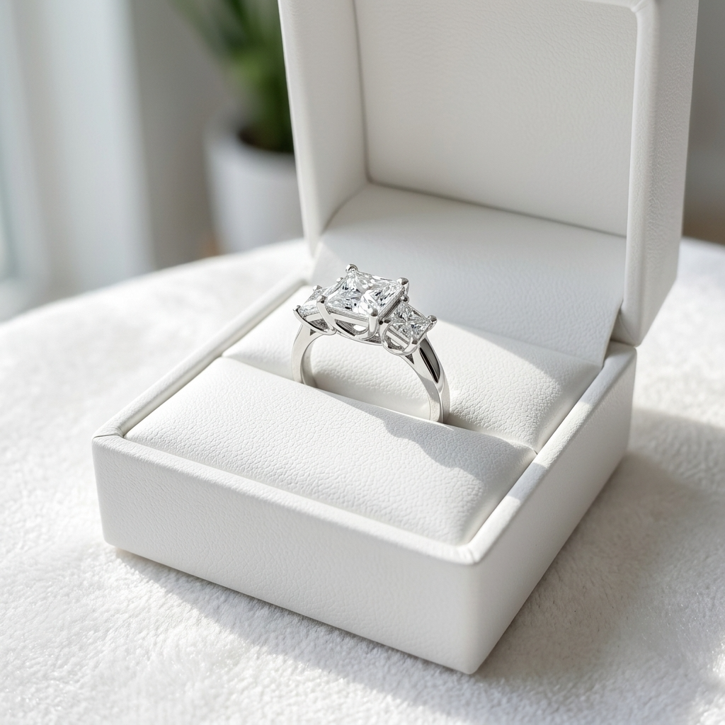 Josephine princess cut diamond three stone engagement ring, front view