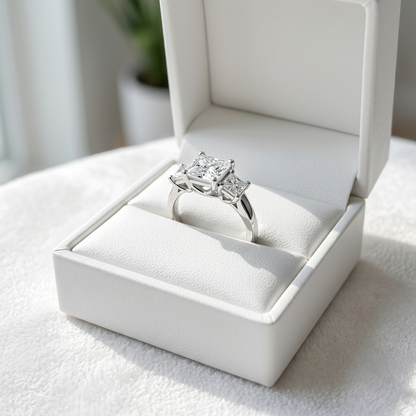 Josephine princess cut diamond three stone engagement ring, front view