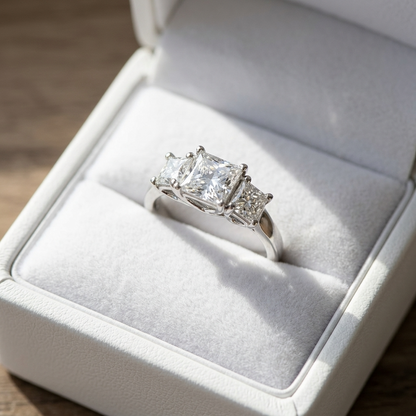 Josephine princess cut diamond three stone engagement ring, three quarter view