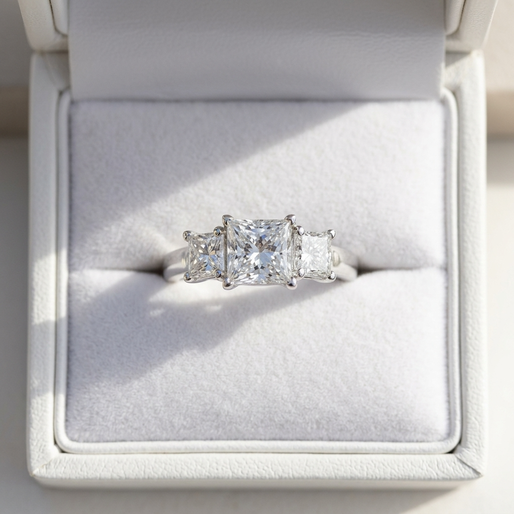 Josephine princess cut diamond three stone engagement ring, raised view