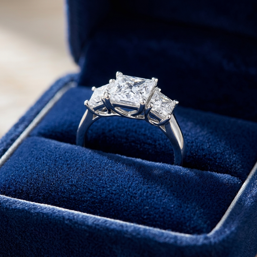 Josephine princess cut diamond three stone engagement ring, band detail