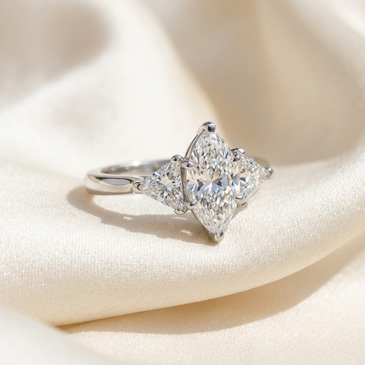 Margaux marquise cut diamond three stone engagement ring in white gold