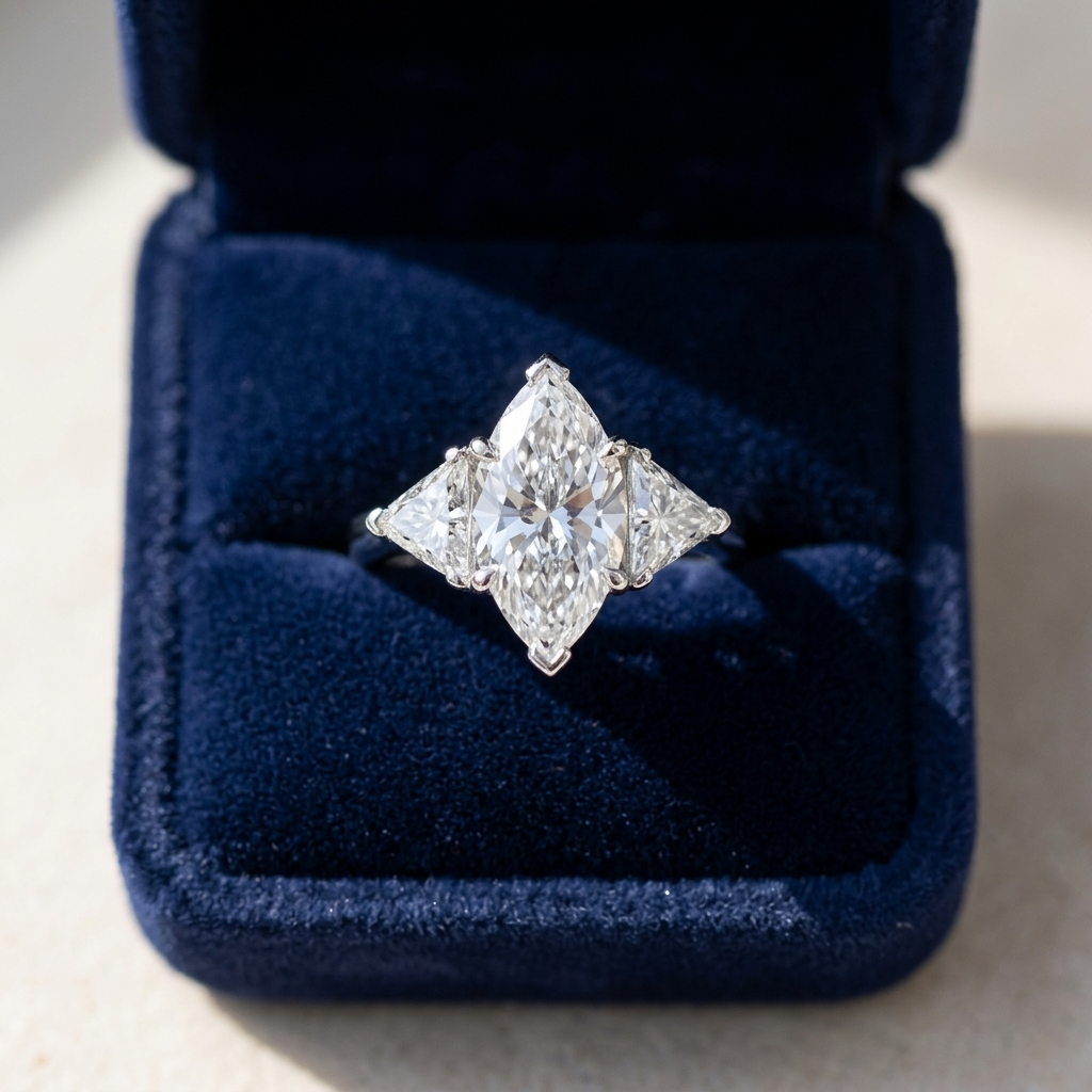 Margaux marquise cut diamond three stone engagement ring, top view