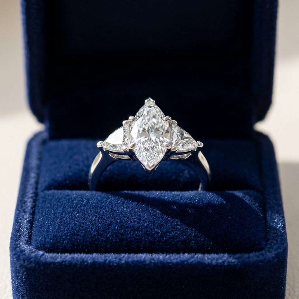 Margaux marquise cut diamond three stone engagement ring on white gold band