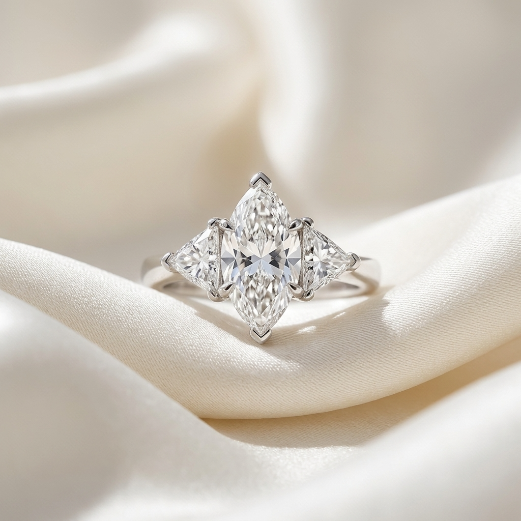 Margaux marquise cut diamond three stone engagement ring, alternate view