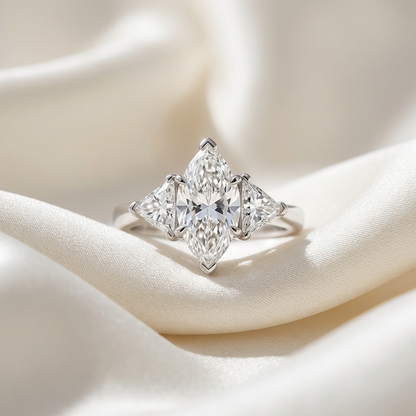 Margaux marquise cut diamond three stone engagement ring, alternate view