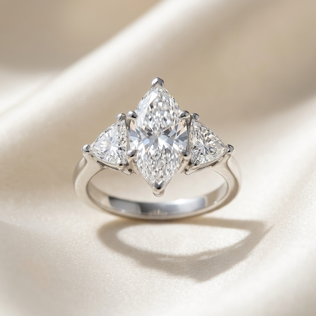 Margaux marquise cut diamond three stone engagement ring, close-up