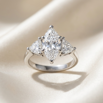 Margaux marquise cut diamond three stone engagement ring, close-up