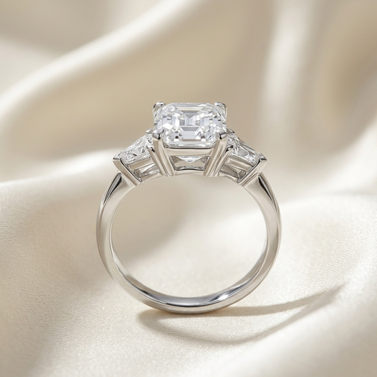 Beatrix Asscher cut diamond three stone engagement ring in white gold