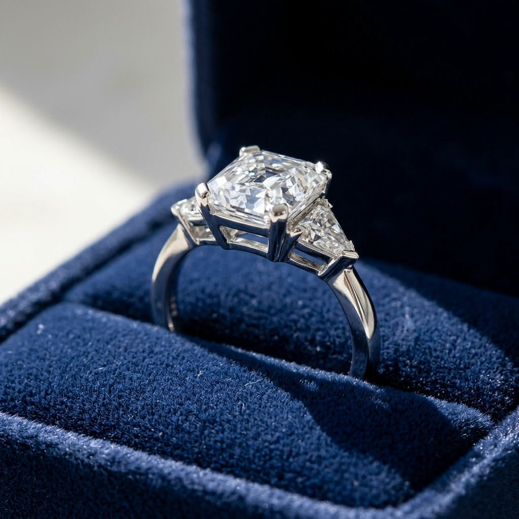 Beatrix Asscher cut diamond three stone engagement ring detail