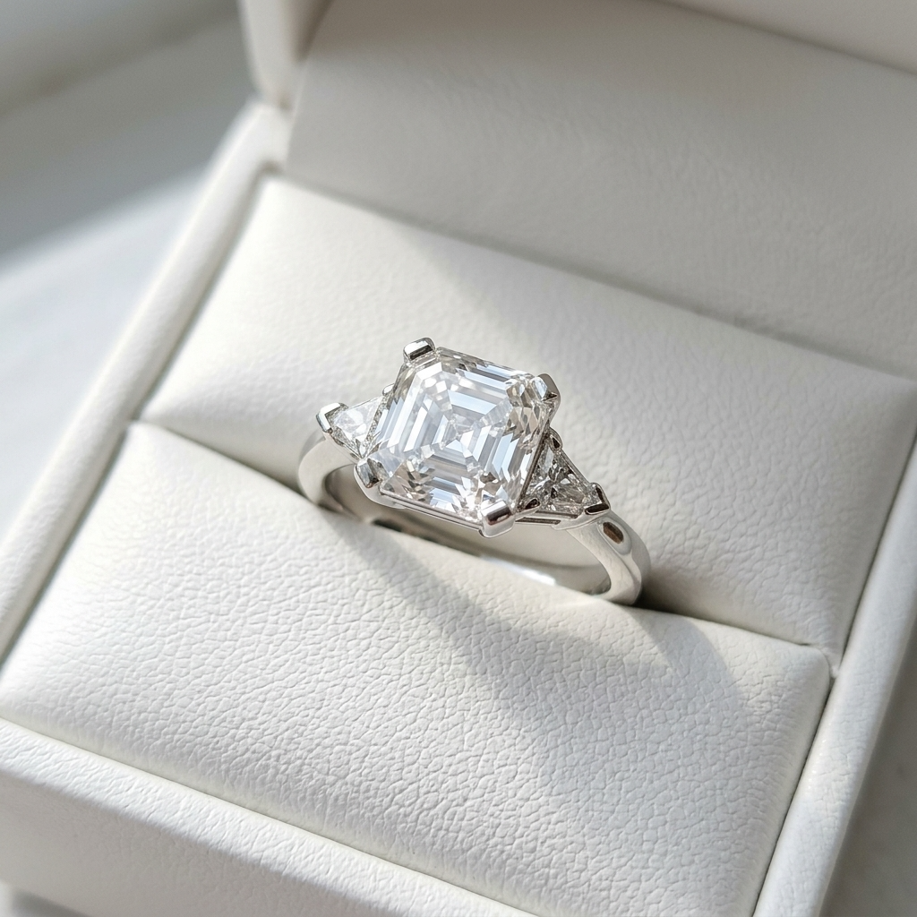 Beatrix Asscher cut diamond three stone engagement ring, angled view
