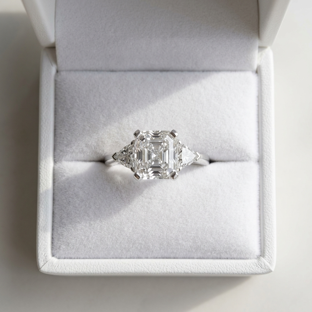 Beatrix Asscher cut diamond three stone engagement ring on white gold band