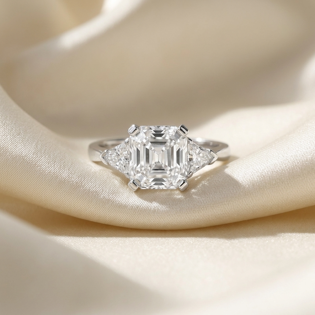 Beatrix Asscher cut diamond three stone engagement ring, top view