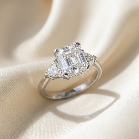 Beatrix Asscher cut diamond three stone engagement ring in white gold