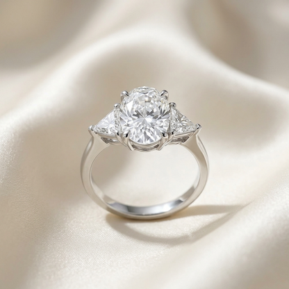 Florence oval diamond three stone engagement ring, angled view