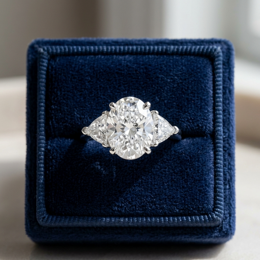 Florence oval diamond three stone engagement ring, side view
