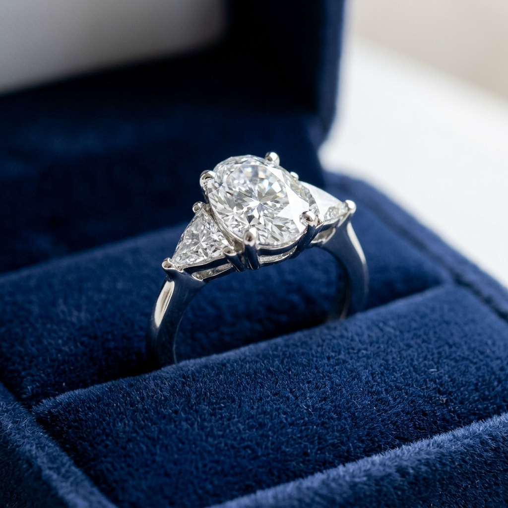 Florence oval diamond three stone engagement ring detail