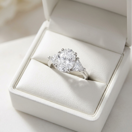 Florence oval diamond three stone engagement ring, top view