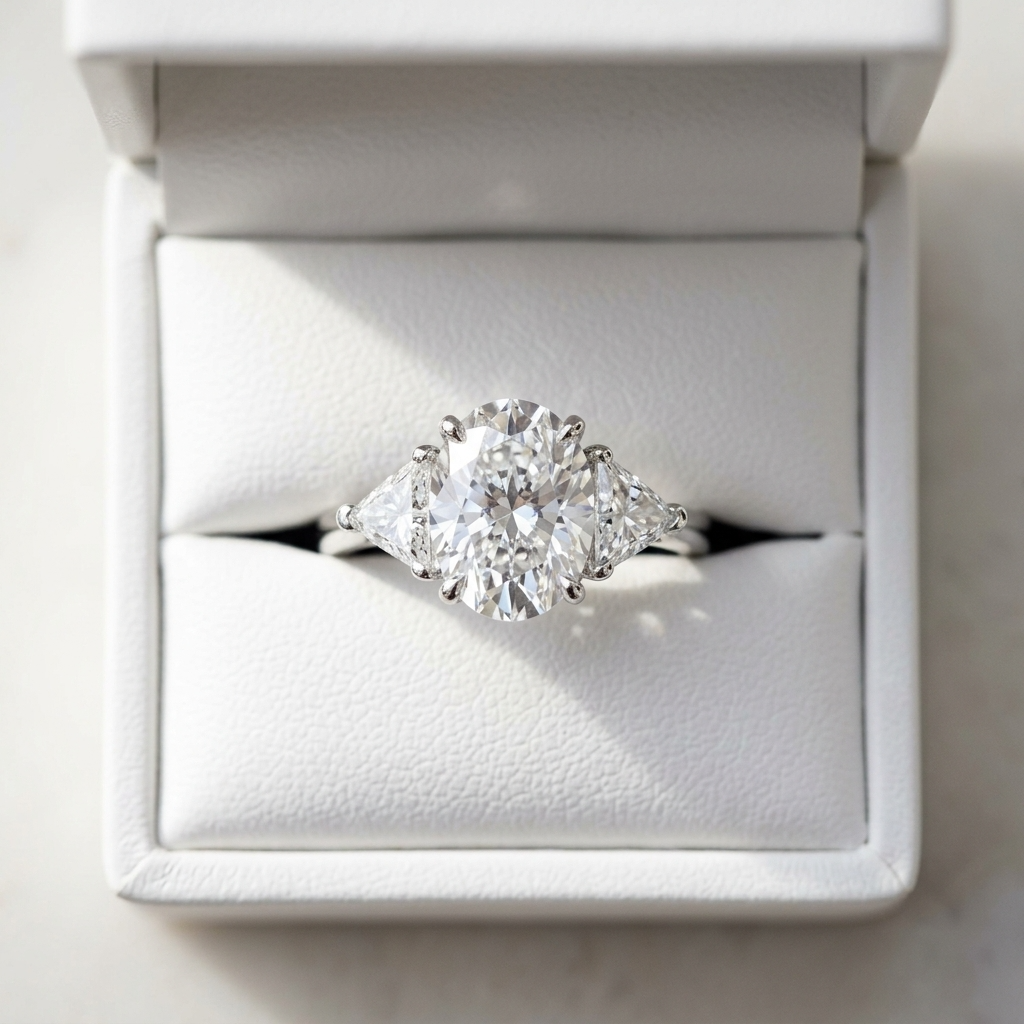 Florence oval diamond three stone engagement ring on white gold band