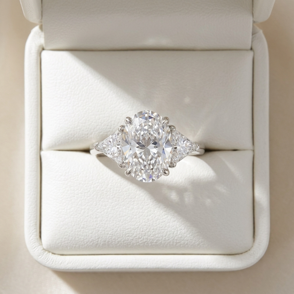 Florence oval diamond three stone engagement ring, close-up