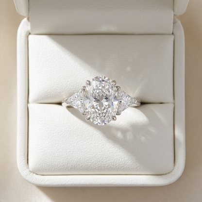 Florence oval diamond three stone engagement ring, close-up