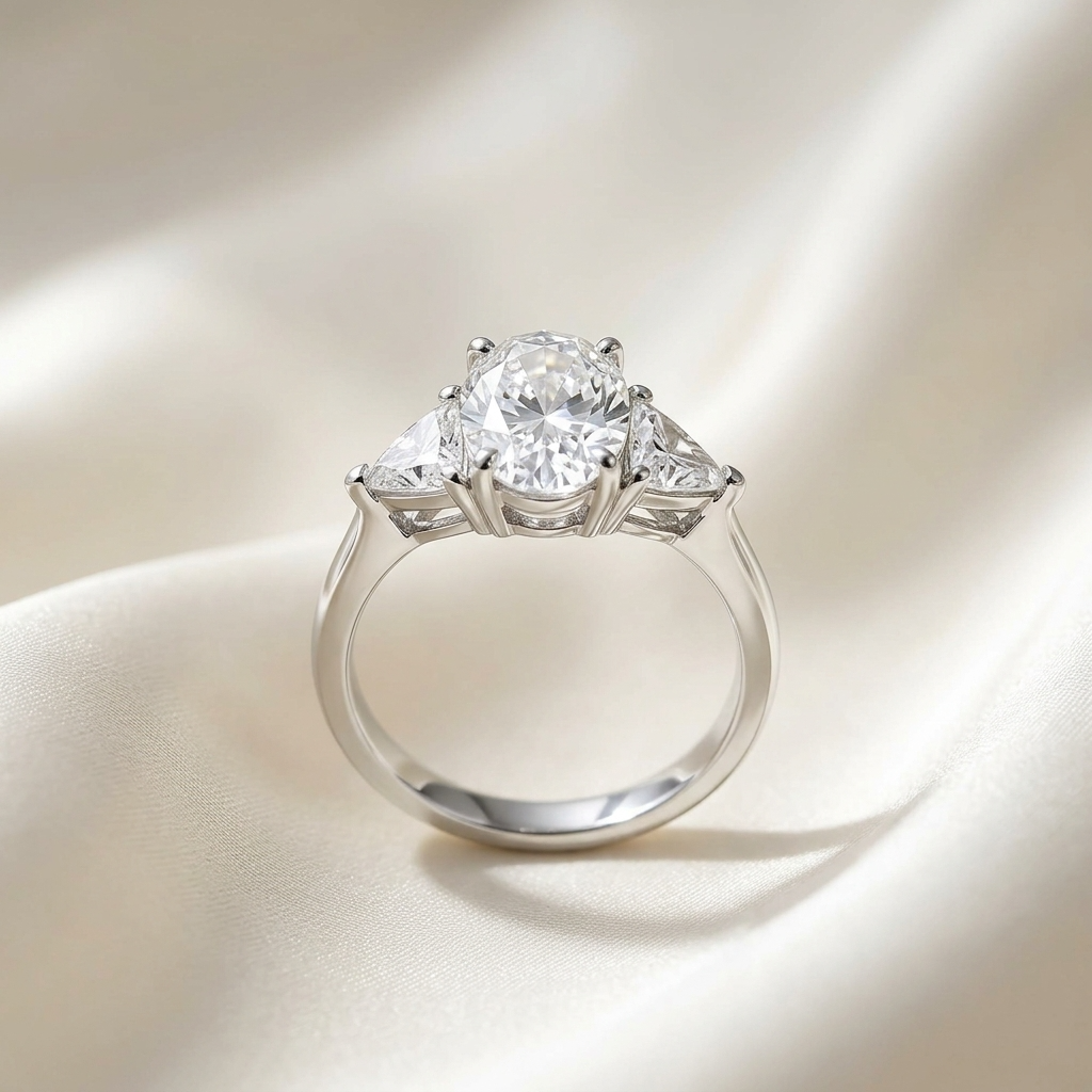 Florence oval diamond three stone engagement ring in white gold