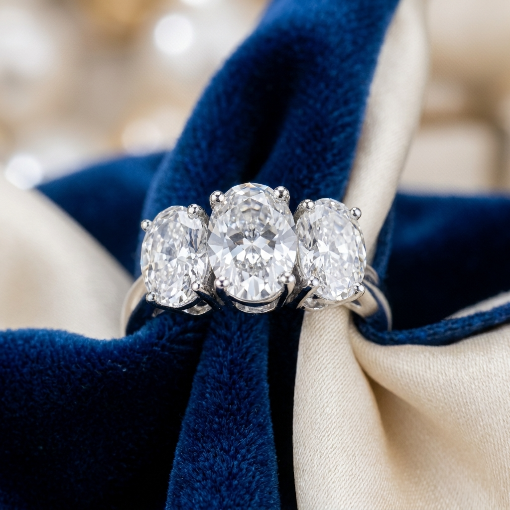 Eloise oval diamond three stone engagement ring, further view