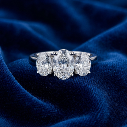 Eloise oval diamond three stone engagement ring on white gold band