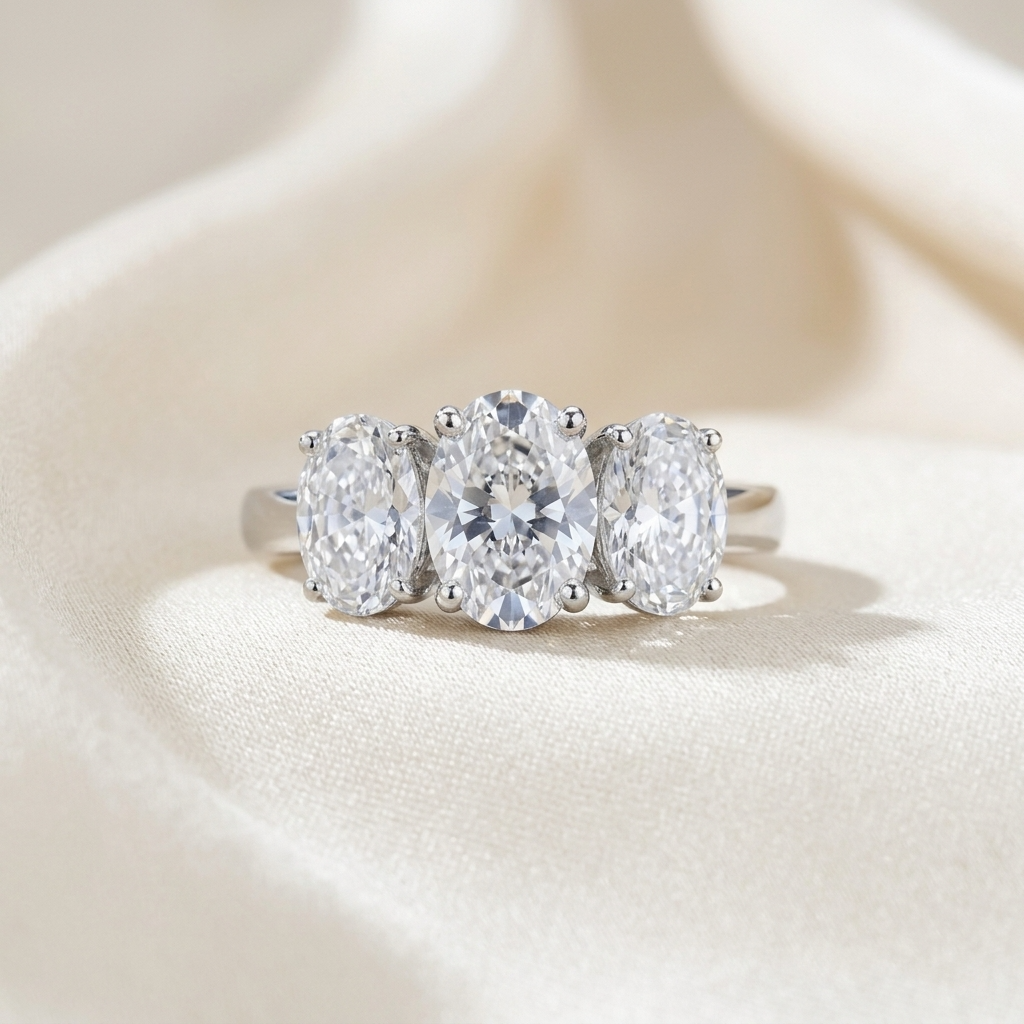 Eloise oval diamond three stone engagement ring in white gold