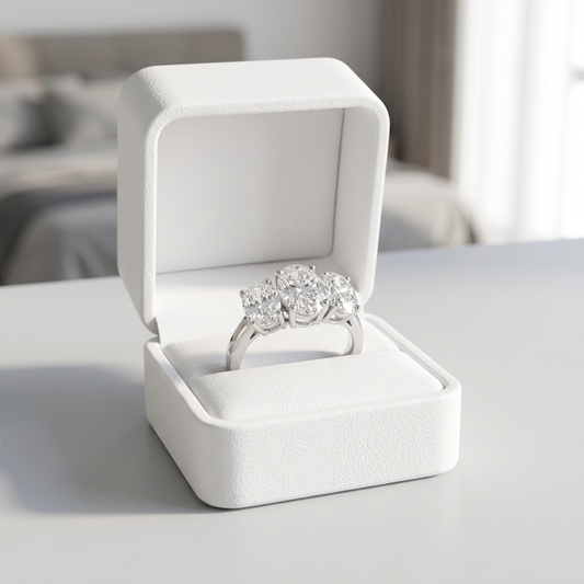 Eloise oval diamond three stone engagement ring, angled view