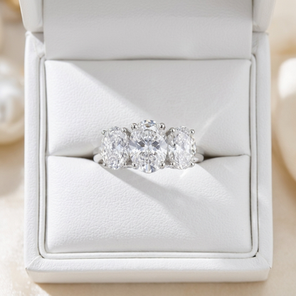 Eloise oval diamond three stone engagement ring, side view