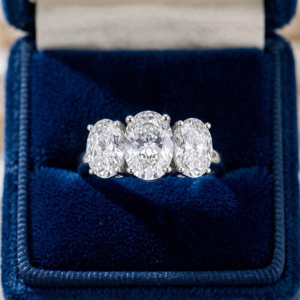 Eloise oval diamond three stone engagement ring, top view