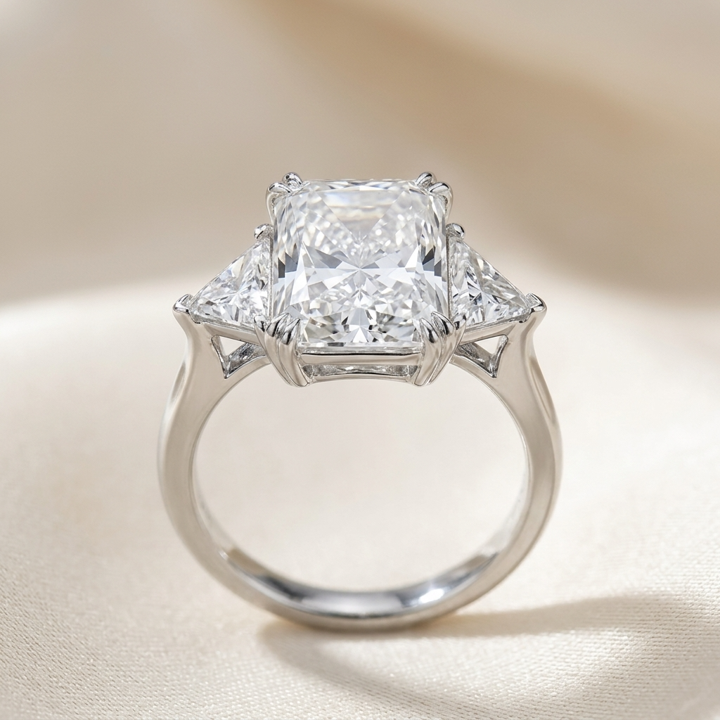 Delphine radiant cut diamond three stone engagement ring, angled view