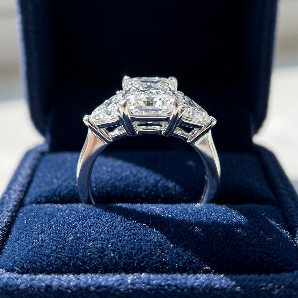 Delphine radiant cut diamond three stone engagement ring detail