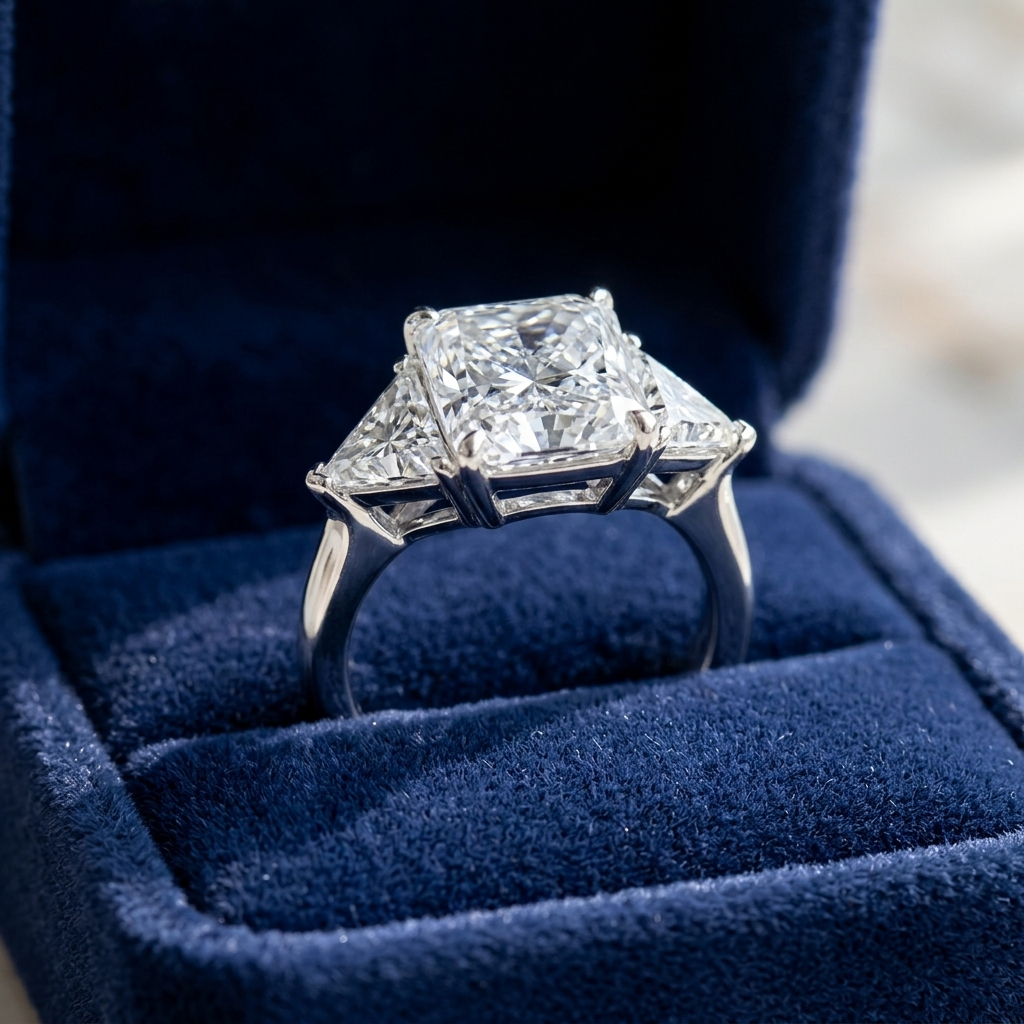 Delphine radiant cut diamond three stone engagement ring, top view