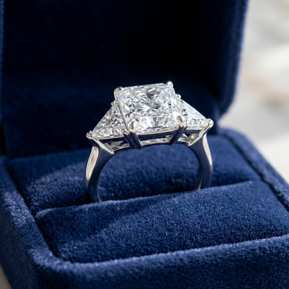 Delphine radiant cut diamond three stone engagement ring, top view