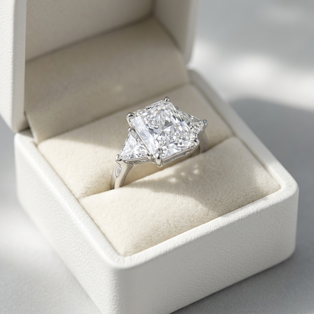 Delphine radiant cut diamond three stone engagement ring on white gold band