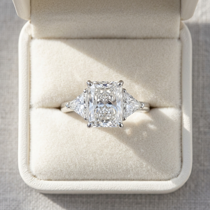Delphine radiant cut diamond three stone engagement ring, alternate view
