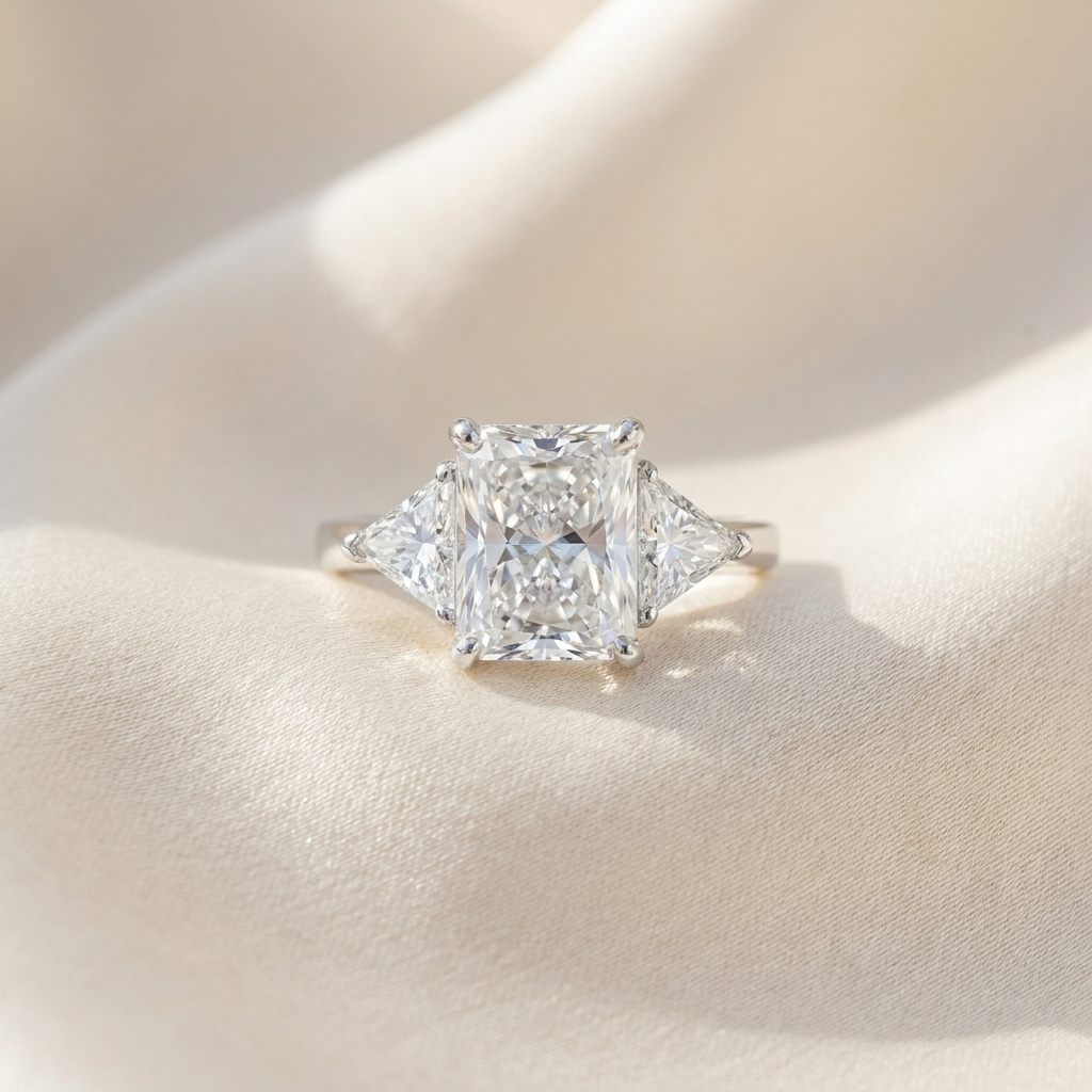 Delphine radiant cut diamond three stone engagement ring, close-up