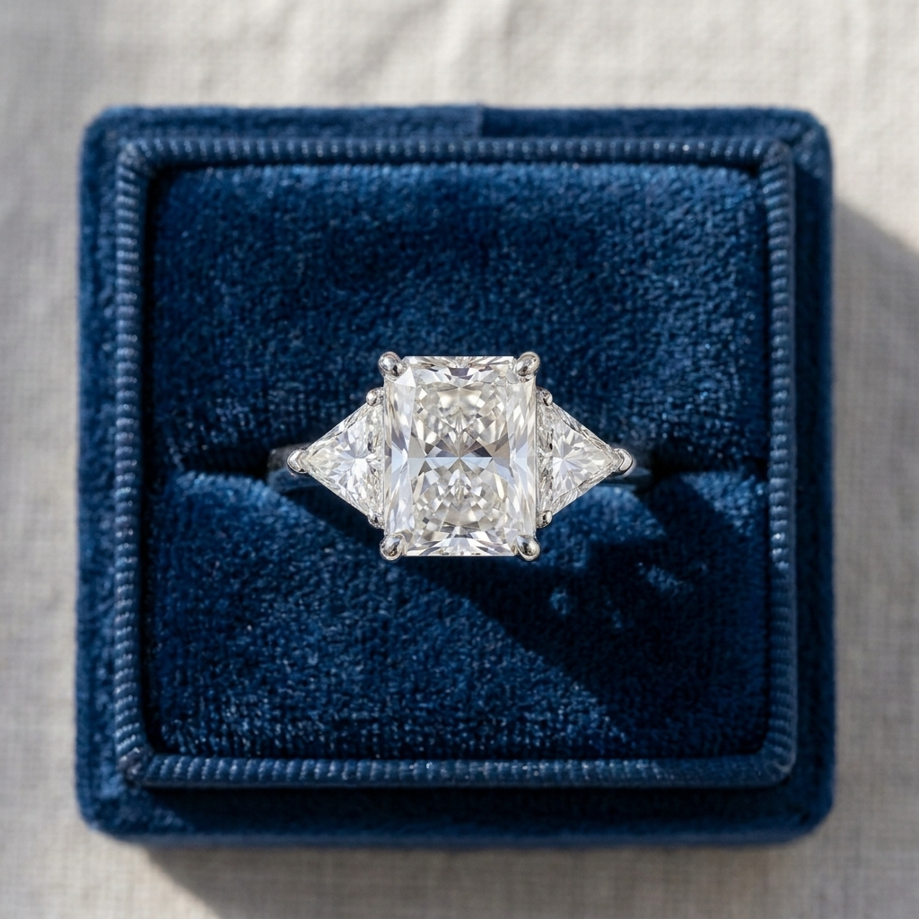 Delphine radiant cut diamond three stone engagement ring, further view